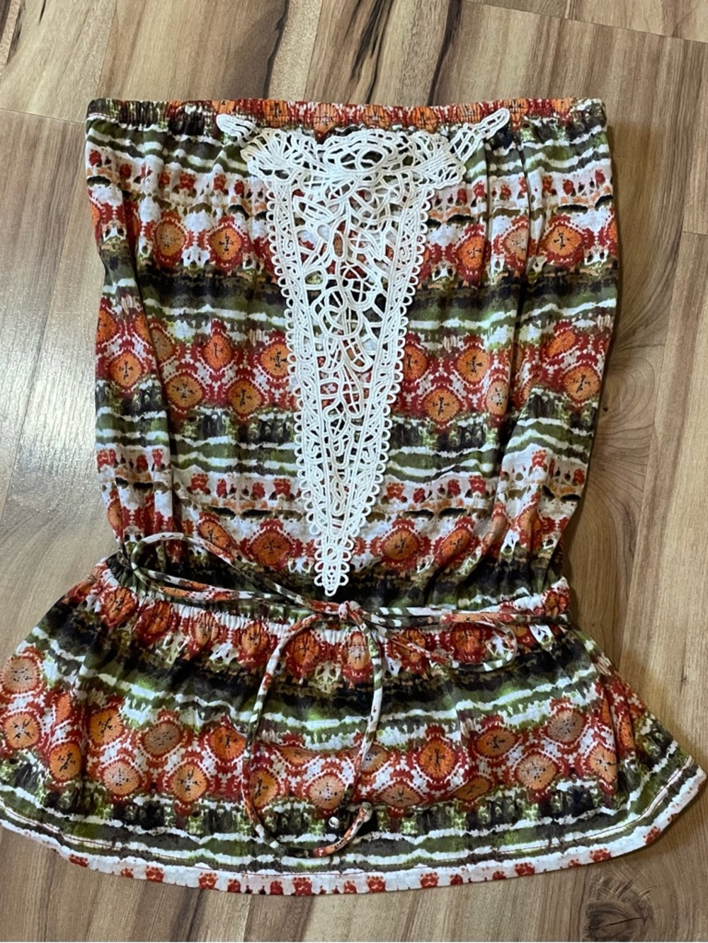 Weavers Boho Crochet Peplum Strapless Top - Summer Tribal Print Sz M